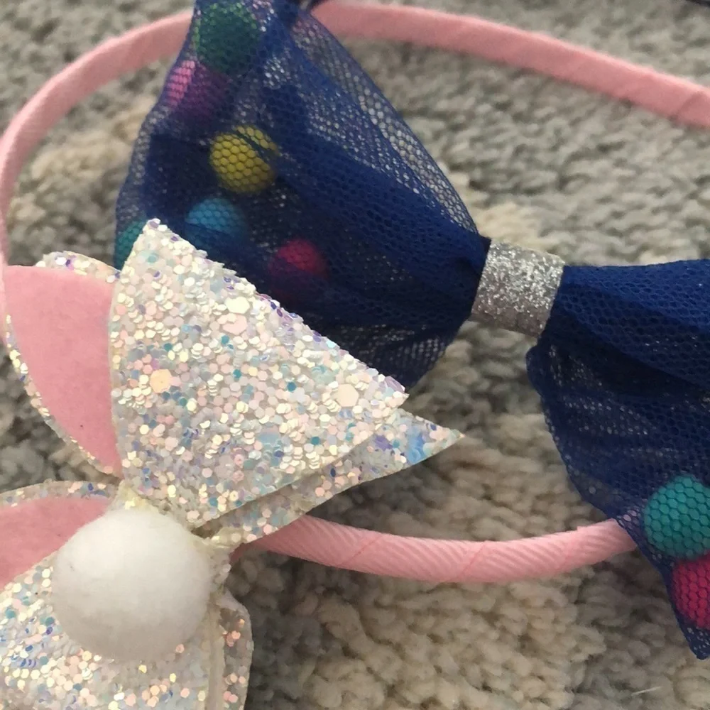 Set of 2 bow style headbands blue with pom poms, pink and glitter, bunny